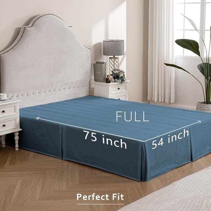 MIYE Pleated Waffle Weave Bed Skirt, Tailored Dust Ruffle 12 Inch Drop Easy Fit, Machine Washable (Blue, Full - 12" Drop)