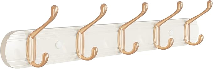 Coat Rack Wall Mount, Bamboo Coat Hanger with 5 Metal Pink Gold Hooks for Hanging Clothes, Towels, Keys, Hats, Bags(White)