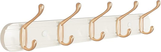 Coat Rack Wall Mount, Bamboo Coat Hanger with 5 Metal Pink Gold Hooks for Hanging Clothes, Towels, Keys, Hats, Bags(White)
