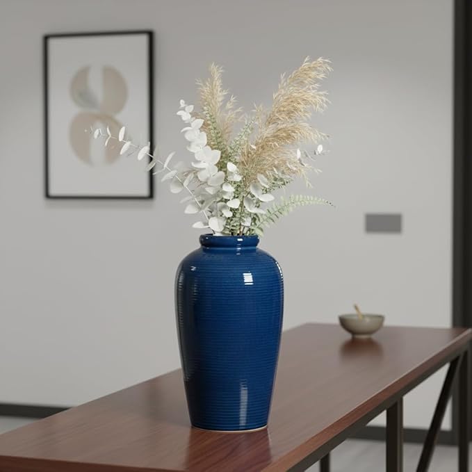 Blue Ceramic Vases Home Decor - 11 Inch Tall Farmhouse Vases for Flowers, Modern Textured Vase for Centerpieces, Living Room, Kitchen Island Decor, Fireplace, Entryway Decorations