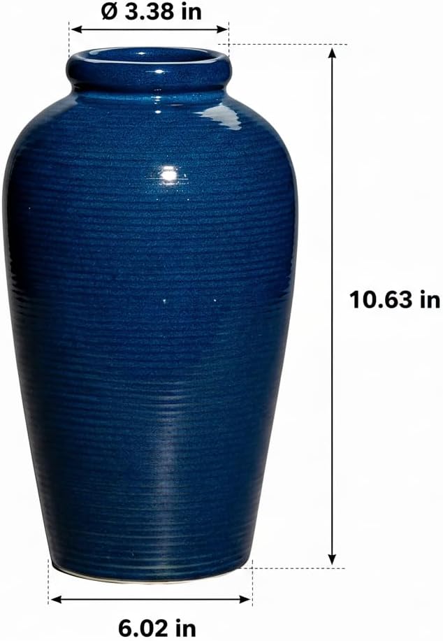 Blue Ceramic Vases Home Decor - 11 Inch Tall Farmhouse Vases for Flowers, Modern Textured Vase for Centerpieces, Living Room, Kitchen Island Decor, Fireplace, Entryway Decorations
