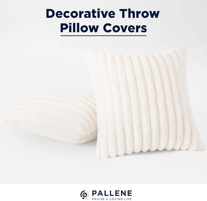 Pallene Faux Fur Plush Spring Throw Pillow Covers 16x16 Set of 2, Luxury Soft Fluffy Striped Decorative Pillow Covers for Sofa, Couch, Living Room, Cream White