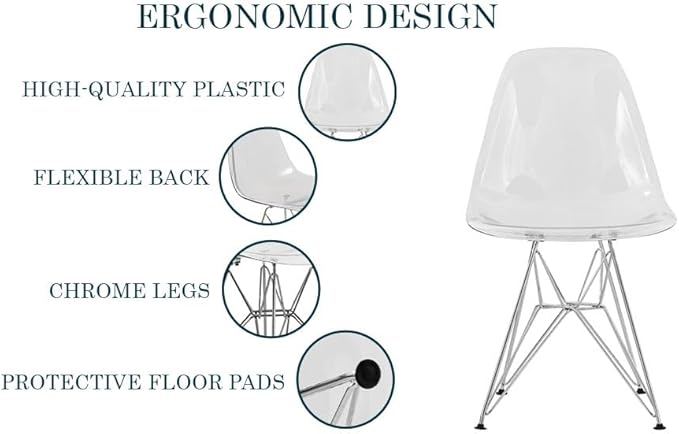 LeisureMod Cresco Acrylic Dining, Modern Chrome Eiffel Base and Curved Back Design, Ergonomic and Lightweight Accent Side Chair for Mid-Century Home, Kitchen, and Café (Clear, Singles)