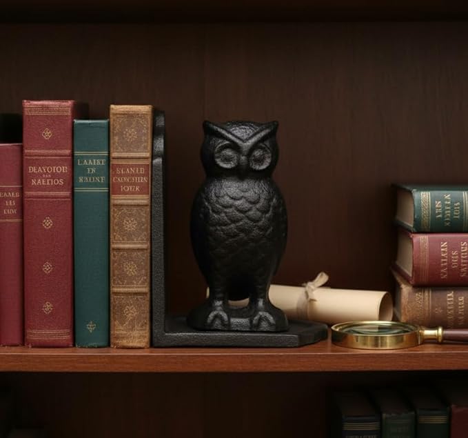 Comfy Hour Owl Decorative Bookends, Unique Vintage Animal Book Ends for Shelves, 9.65" Tall, Heavy Duty Resin Book Stopper for Books, Farmhouse Home Office Bookshelf Decor, 1 Pair, Bronze & Blac