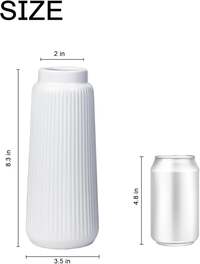 Matte White Ribbed Ceramic Vase – Modern Elegant Flower Vase for Pampas Grass, Fresh or Dried Flowers, Minimalist Farmhouse Home Decor for Living Room, Dining Table, Wedding Centerpiece