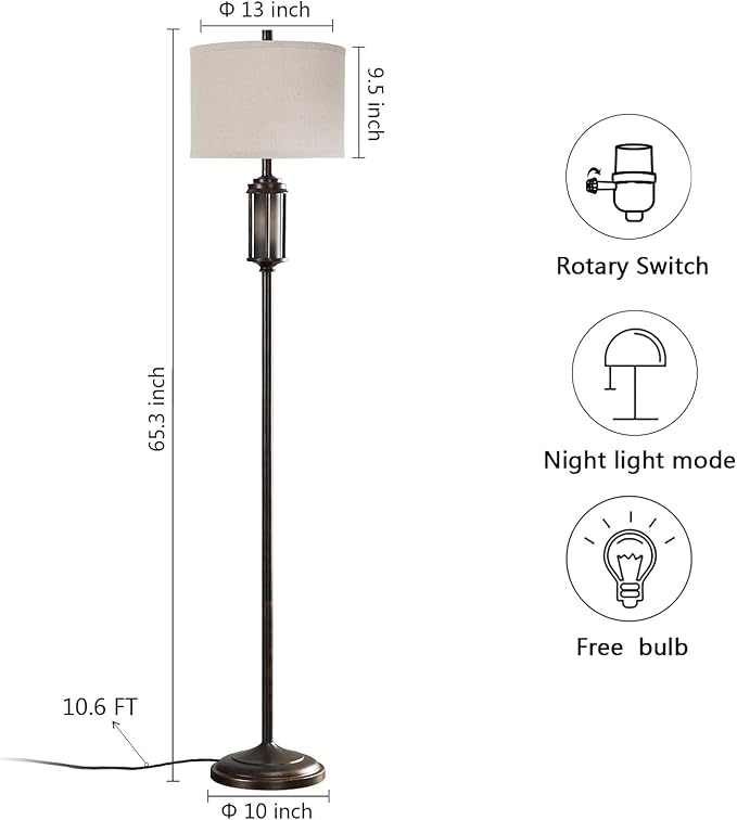 AIEAMPDO 65'' Farmhouse Floor Lamp for Living Room with 2 Light Sources, Vintage Tall Standing Lamp with Frosted Acrylic Nightlight, Rustic Floor Light for Bedroom Office Corner, Bulbs Included