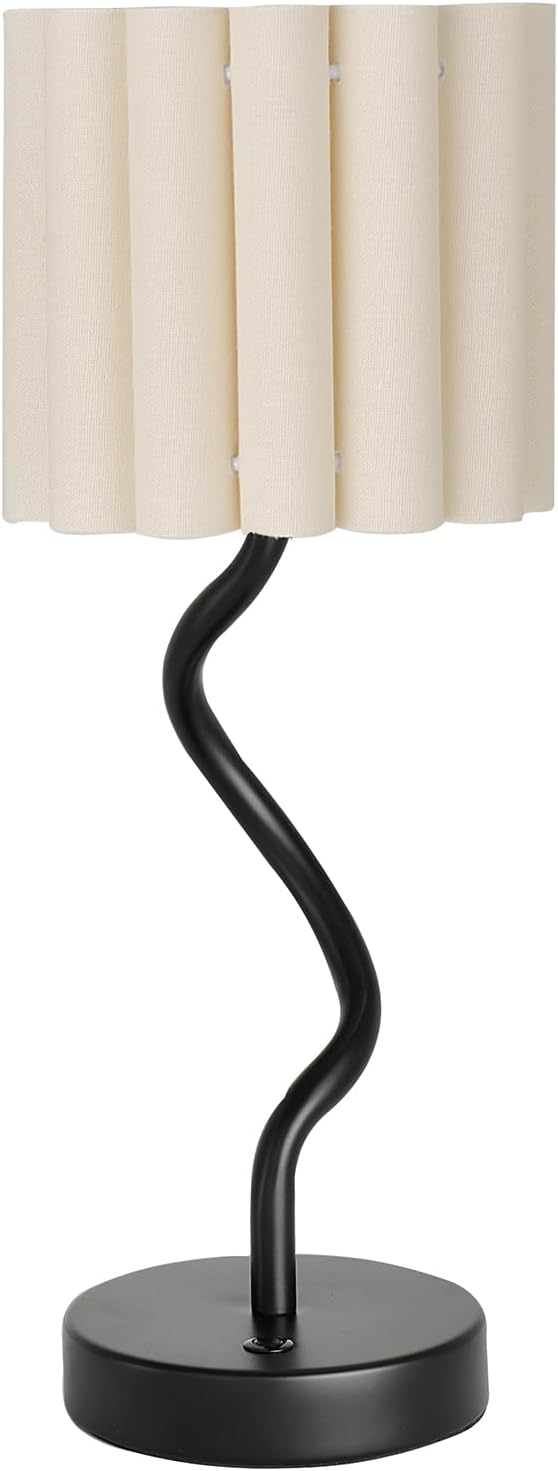 Cordless Scalloped Table lamp, Modern Black Lamp for Bedside Restaurant Dining Table, 5200-mAh Rechargeable Battery, 3-Level Brightness Dimmable, Build-in Integrated LED 320 Lumen Max