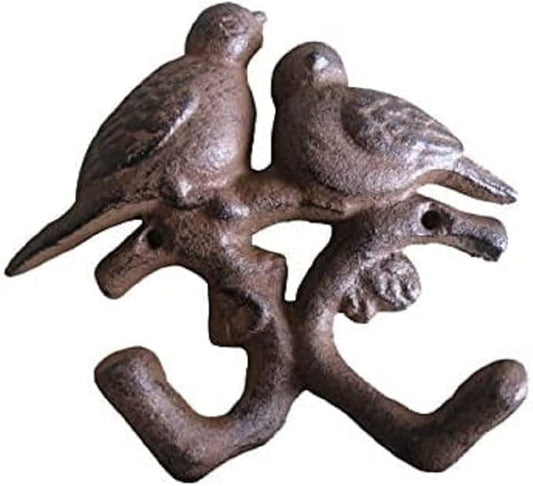 Comfy Hour Antique and Vintage Animal Collection Cast Iron Double Birds Two Key Coat Hooks Wall Hanger Clothes Rail Set, Heavy Duty, Rustic Recycled