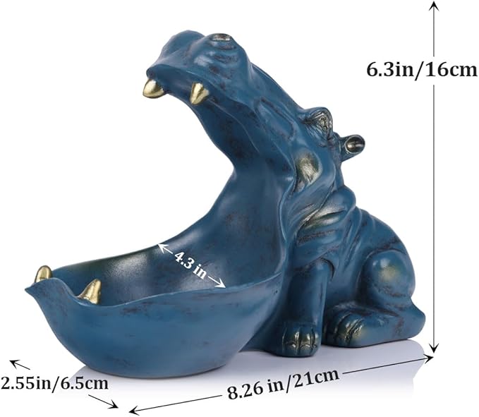 Hippo Figurine Candy Dish & Key Bowl - Unique Resin Hippopotamus Statue for Office Desk & Entry Table Decor - Multifunctional Sundries Container, Jewelry Stand, and Wallet Holder - Cute Hippo Gifts