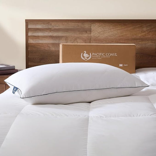Pacific Coast Bed Pillow, Luxury Hotel Collection Goose Feather & Down, Classic Diamond Quilted Pattern, for Side and Back Sleepers, Medium Support, Queen Size, 1-Pack