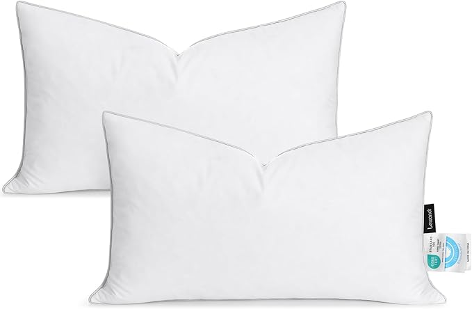 Lewondr 12x20 inch Pillow Insert Set of 2, Down and Feather Throw Pillow Inserts Premium Soft Fluffy with Piping Edge, 100% Down-Proof Square Pillow Insert for Living Room Sofa Couch Bed, White