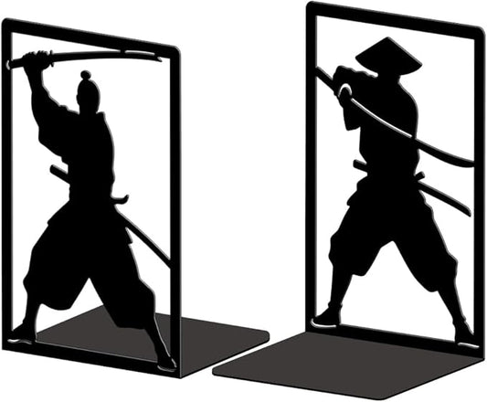 Peacoblue Metal Bookends for Shelves, Modern Decorative Heavy Duty Study Book Ends Stoppers for Office, Desk, Shelf, Room 5.3"x4.3"x7.9" Cast Iron Simple Tall Bookends 1 Pair (Japanese Samurai)