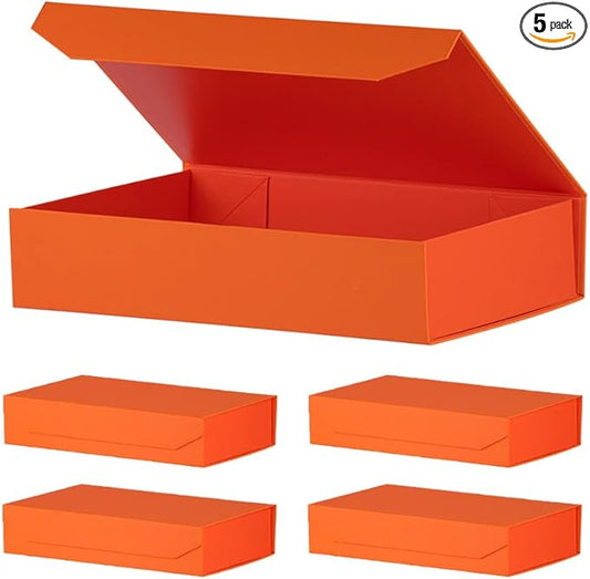 Orange Gift Boxes with Lids 12x8x2.5 Inches, Shirt Gift Boxes for Wrapping, Magnetic Gift Boxes Bulk for Presents （Orange Peel Grain;5Pcs）