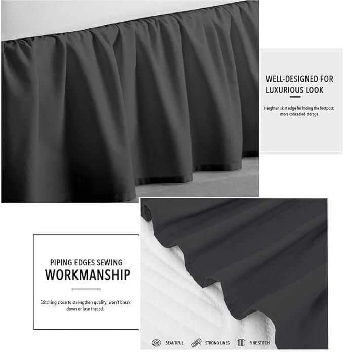 Rajlinen Ruffled Bed Skirt Queen, 12 Inch Drop Dust Ruffle with Split Corners, 100% Microfiber Bedskirt with Platform, Three-Sided Coverage Ruffled Gathering Design, Dark Grey