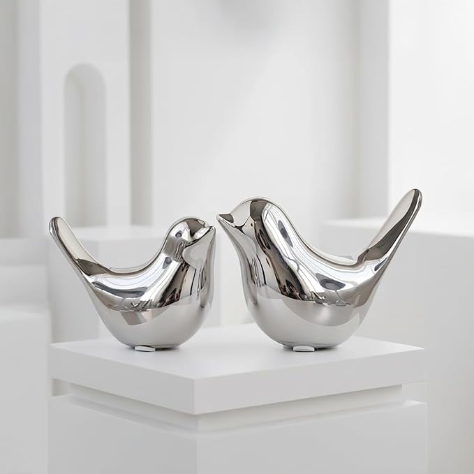 Large Silver Bird Statue – Modern Metallic Sculpture for Living Room, Mantel, Tabletop, Shelf, Console, Entryway, Fireplace Décor, Contemporary Home Accents, Stylish Interior Ornament
