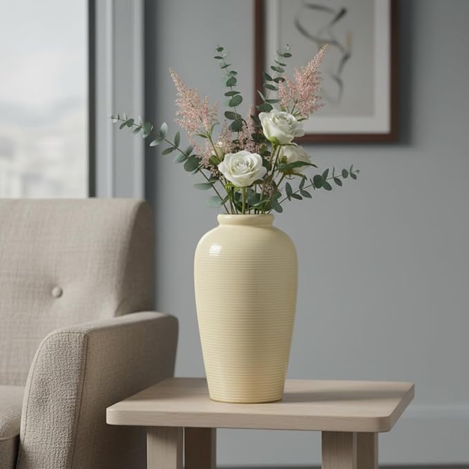 Beige Ceramic Vase for Home Decor - 11 Inch Tall Boho Vases for Flower Modern Textured Vase for Centerpieces, Pampas Grass, Living Room, Kitchen Island Decor, Fireplace, Entryway Decorations