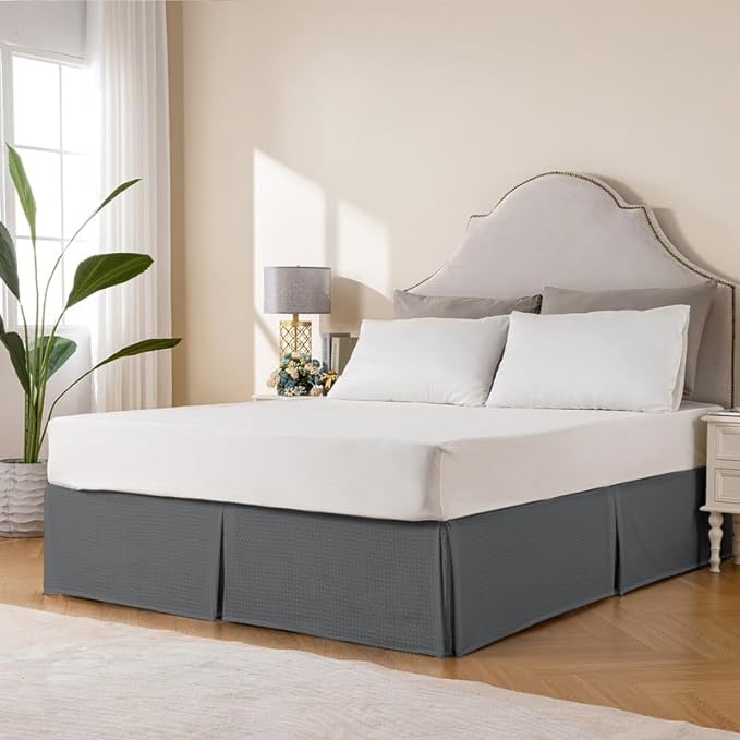 MIYE Pleated Waffle Weave Bed Skirt, Tailored Dust Ruffle 16 Inch Drop Easy Fit, Machine Washable (Dark Grey, Twin - 16" Drop)