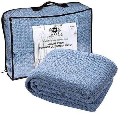 HILLFAIR 100% Combed Cotton Blanket– California King Size Bed Blanket – Warm Soft All Season Breathable Blankets – 102 x 108 inch Extra Large Oversized California King Cotton Blankets for Bed- Blue