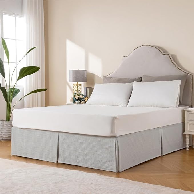 MIYE Pleated Waffle Weave Bed Skirt, Tailored Dust Ruffle 14 Inch Drop Easy Fit, Machine Washable (Light Grey, King - 14" Drop)