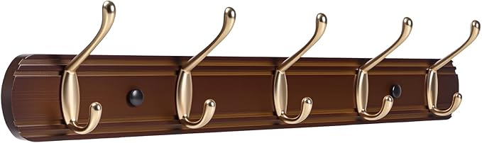 Coat Rack Wall Mount, Bamboo Coat Hanger with 5 Metal Pink Gold Hooks for Hanging Clothes, Towels, Keys, Hats, Bags(Brown)