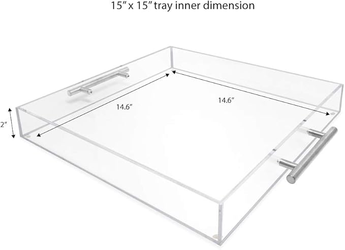 Isaac Jacobs Clear Acrylic Serving Tray (15x15) with Silver Metal Handles, Spill-Proof, Stackable Organizer, Food & Drinks Server, Indoors/Outdoors, Lucite Storage (15x15, Clear with Silver Handle)