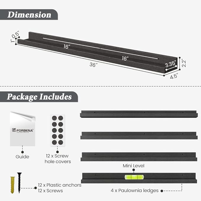 Forbena Black Picture Ledge Shelf 4-Pack, 36 Inch Floating Shelves for Wall with Lip Edge, Extra Long Wood Hanging Wall Shelf for Living Room Bedroom Office Classroom Library Books Photo Frames Decor