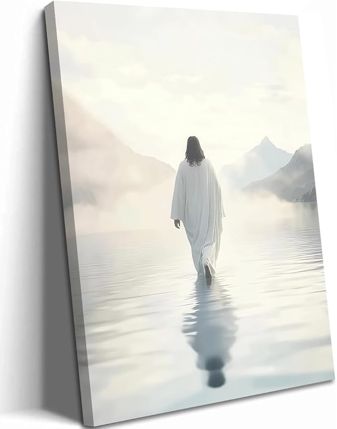 Framed Jesus Walking on Water Wall Art, Christian Canvas Wall Decor Pictures, I Will Walk With Christ Posters Prints Religious Home Decor for Living Room Bedroom Church Prayer Room12x16 inch