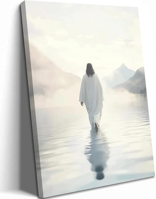 Framed Jesus Walking on Water Wall Art, Christian Canvas Wall Decor Pictures, I Will Walk With Christ Posters Prints Religious Home Decor for Living Room Bedroom Church Prayer Room12x16 inch