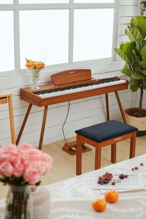 Donner Piano Bench with Storage, Solid Wood Keyboard Bench Piano Bookcase Stool Chair Seat with High-Density Suede Cushion, Wood Finish Color
