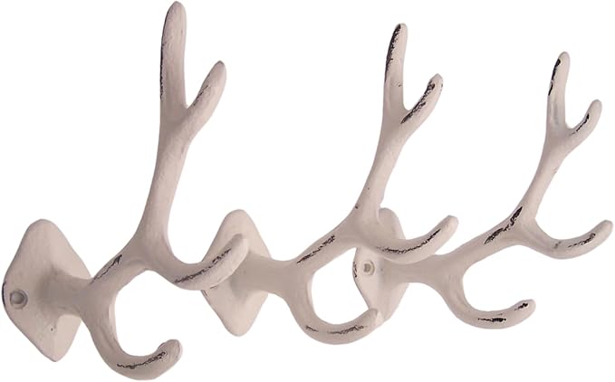 Wowser White Antler Wall Hooks, Set of 3, Wall Mounted Decoration, Rustic Decor, 5.5 Inches