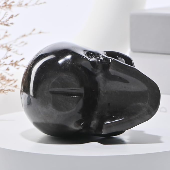 5''Natural Silverstone Obsidian Crystal Skull Head Hand Carved Reiki Healing Stone Statue Healing Home Office Art Room Decoration