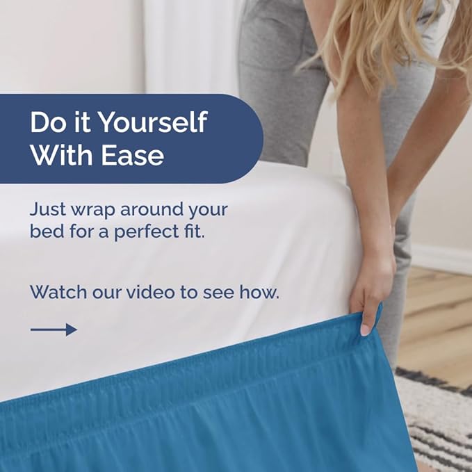 Wrap Around Dust Ruffle Bed Skirt - Denim Blue - for Full Size Beds with 18 Inch Drop - Elastic Strap - Adjustable Pleated Bedskirt with Brushed Fabric and Wrinkle Free - for Women, Men, Kids & Teens