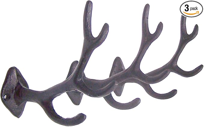 Wowser Antler Wall Hooks, Set of 3, Wall Mounted Decoration, Rustic Decor, 5.5 Inches (Black)