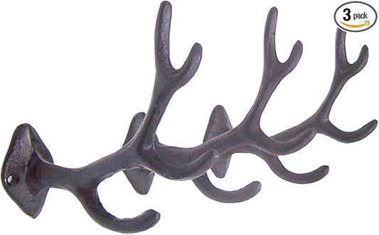 Wowser Antler Wall Hooks, Set of 3, Wall Mounted Decoration, Rustic Decor, 5.5 Inches (Black)