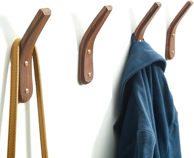 2 Pack Coat Hook Wood Hooks Wall Hanging, Minimalist Easy to Install Natural mid-Century Decorative Hooks for Hanging Bathroom Towels Clothes Hanger for Wall(Walnut Wood