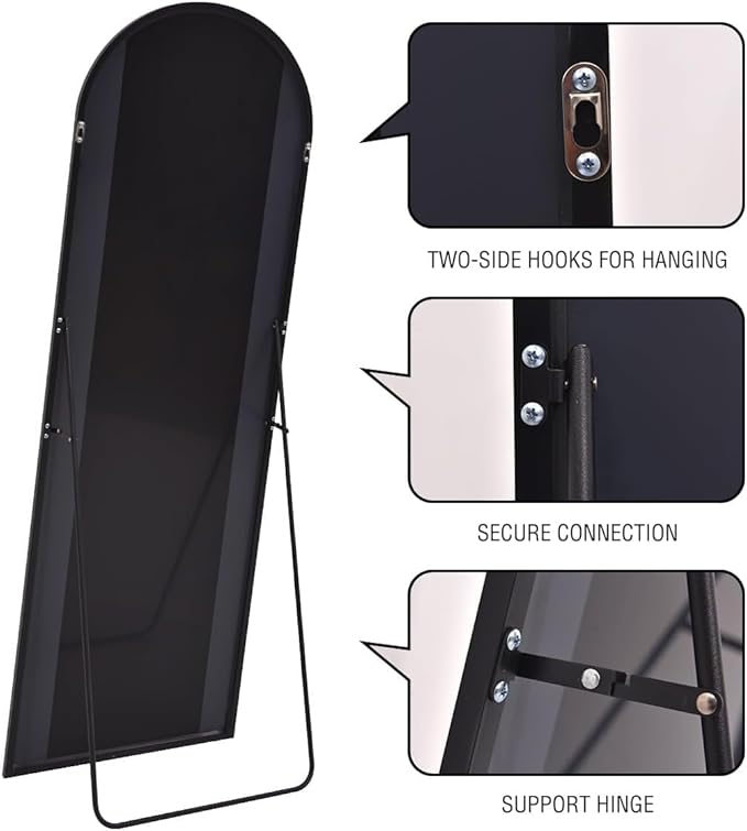 58"x18" Arched Full Length Mirror - Wall/Floor Mounted with Stand, Shatter-Proof Glass & Aluminum Frame, Large Body Mirror for Bedroom, Living Room, Entryway or Cloakroom, Black