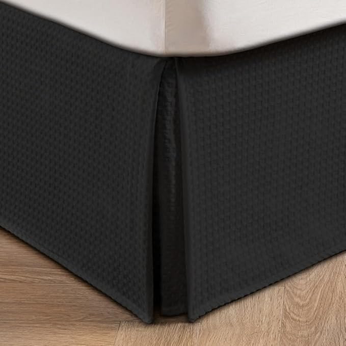 MIYE Pleated Waffle Weave Bed Skirt, Tailored Dust Ruffle 14 Inch Drop Easy Fit, Machine Washable (Black, Full - 14" Drop)