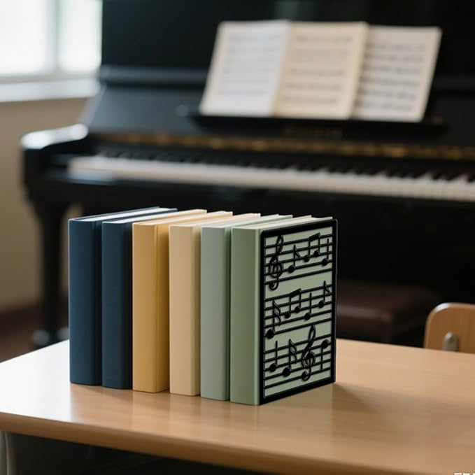 Peacoblue Metal Bookends for Shelves, Modern Decorative Heavy Duty Study Book Ends Stoppers for Office, Desk, Shelf, Room 5.3"x4.3"x7.9" Cast Iron Simple Tall Bookends 1 Pair (Music Notes and Staves)