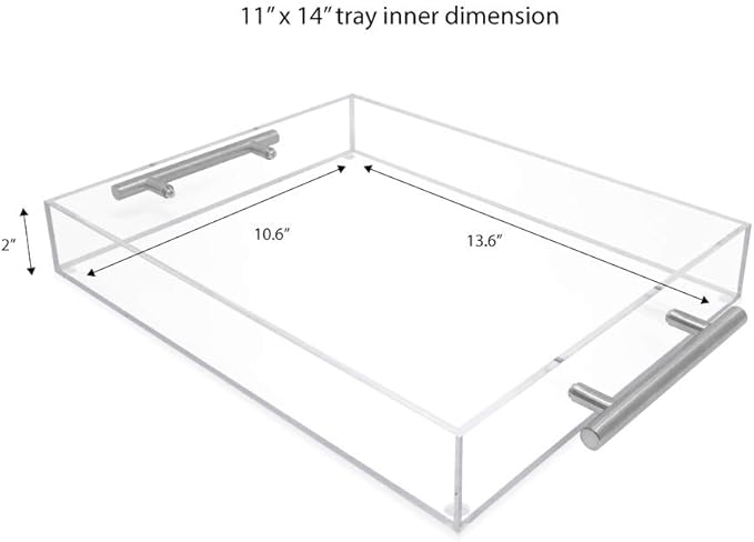 Isaac Jacobs Clear Acrylic Serving Tray (11x14) with Silver Metal Handles, Spill-Proof, Stackable Organizer, Food & Drinks Server, Indoors/Outdoors, Lucite Storage (11x14, Clear with Silver Handle)