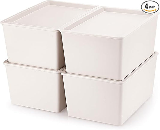 Menkxi 4 Pcs Storage Bins with Lids Plastic Stackable Containers for Organizing Shelves Christmas Ornament Box Baskets(Beige,Small)