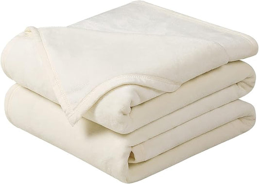 Soft Twin Size Winter Blanket All Season Warm Fuzzy Microplush Lightweight Thermal Fleece Blankets for Couch Bed Sofa,66x90 Inches,Ivory