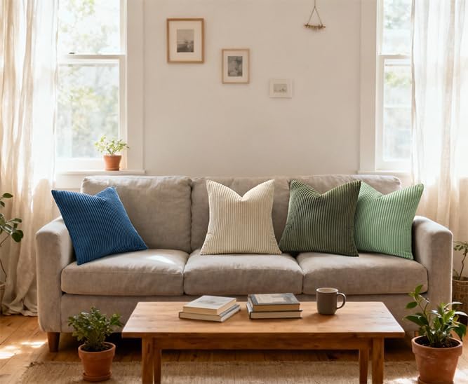 Mecatny Corduroy Decorative Throw Pillow Covers 24x24 Set of 2 for Sofa Living Room, Soft Neutral Boho Couch Pillow Covers for Home Decor, Olive Green