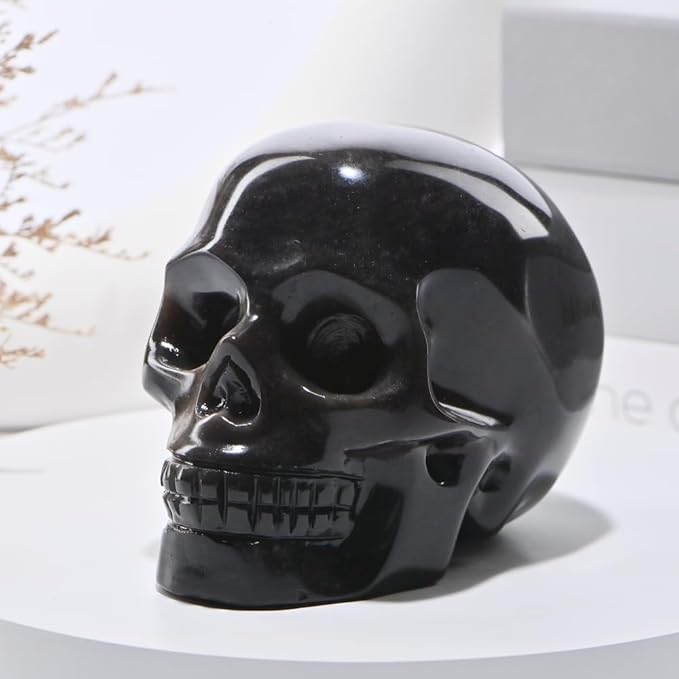 5''Natural Silverstone Obsidian Crystal Skull Head Hand Carved Reiki Healing Stone Statue Healing Home Office Art Room Decoration