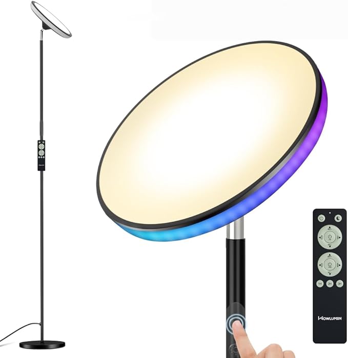 WOWLUMEN UFO Floor Lamp 71in, Upgraded 42W 3700LM LED Torchiere Floor Lamps for Living Room, Modern Tall Bright Standing Light with Remote, Dimmable Sky Light,1/2/3H Timer for Bedroom,Office(Black)