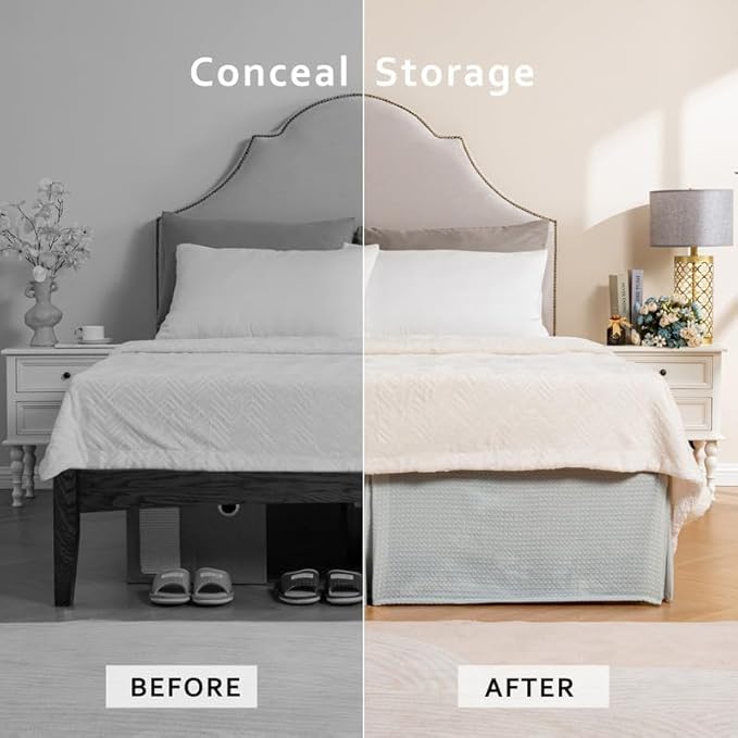MIYE Pleated Waffle Weave Bed Skirt, Tailored Dust Ruffle 18 Inch Drop Easy Fit, Machine Washable (Light Grey, Queen - 18" Drop)