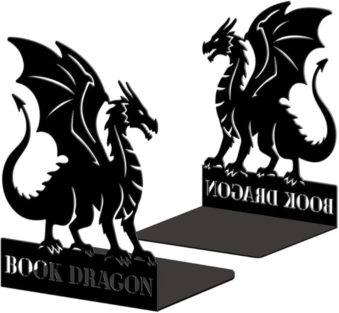 Peacoblue Metal Bookends for Shelves, Modern Decorative Heavy Duty Study Book Ends Stoppers for Office, Desk, Shelf, Room 5.3"x4.3"x6.9" Cast Iron Simple Tall Bookends 1 Pair (Dragon)