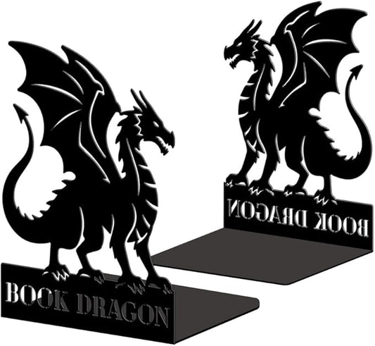 Peacoblue Metal Bookends for Shelves, Modern Decorative Heavy Duty Study Book Ends Stoppers for Office, Desk, Shelf, Room 5.3"x4.3"x6.9" Cast Iron Simple Tall Bookends 1 Pair (Dragon)