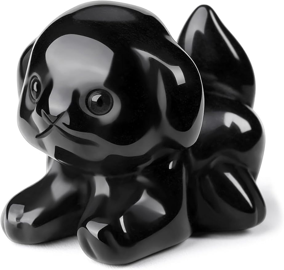 Jovivi Natural Black Obsidian Crystal Lying Dog Statue Home Decor Carved Mini Gemstone Puppy Dog Figurines Pocket Sculpture Reiki Healing Stones Decorative Ornament Gift