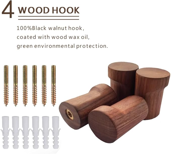 Wood Wall Hooks 4 Pack Natural Wooden Coat Hooks Handmade Rustic Hat Hooks Heavy Duty Entryway Wall Hangers for Hanging Towels, Clothes Bag(Walnut Wood