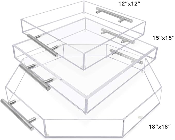 Isaac Jacobs Clear Octagon Acrylic Serving Tray (18x18) with Silver Metal Handles, Spill-Proof, Stackable Organizer, Food & Drinks Server, Lucite Storage (18x18 Octagon, Clear with Silver Handle)